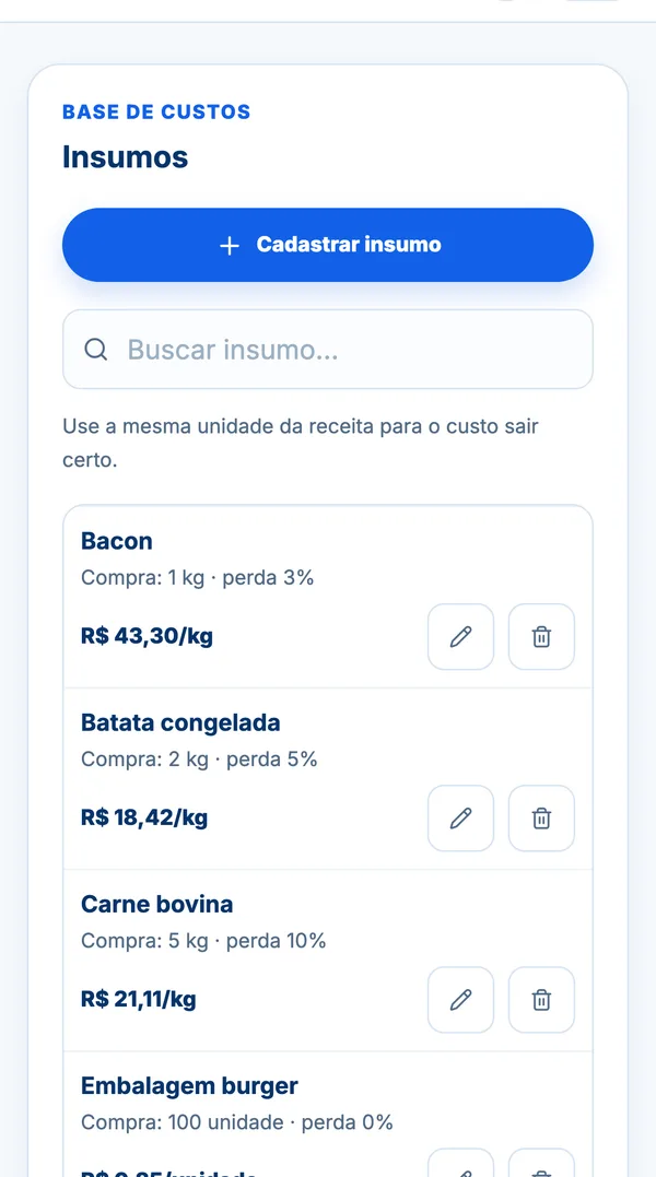 Cadastro de insumos no celular