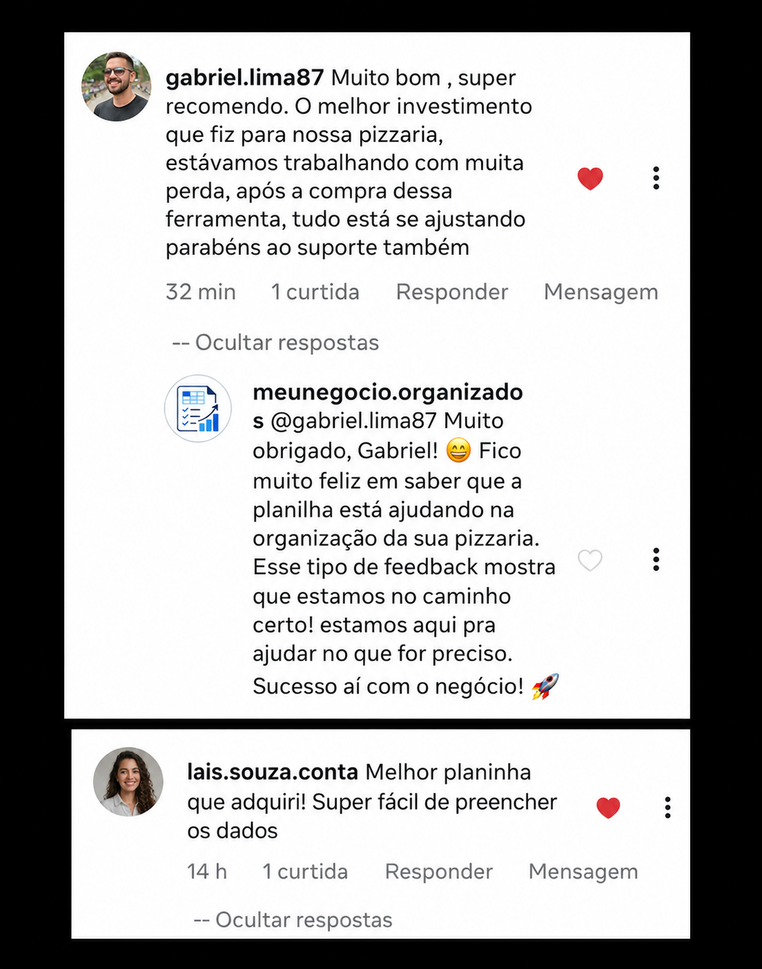 Depoimentos reais de clientes no Instagram sobre a planilha