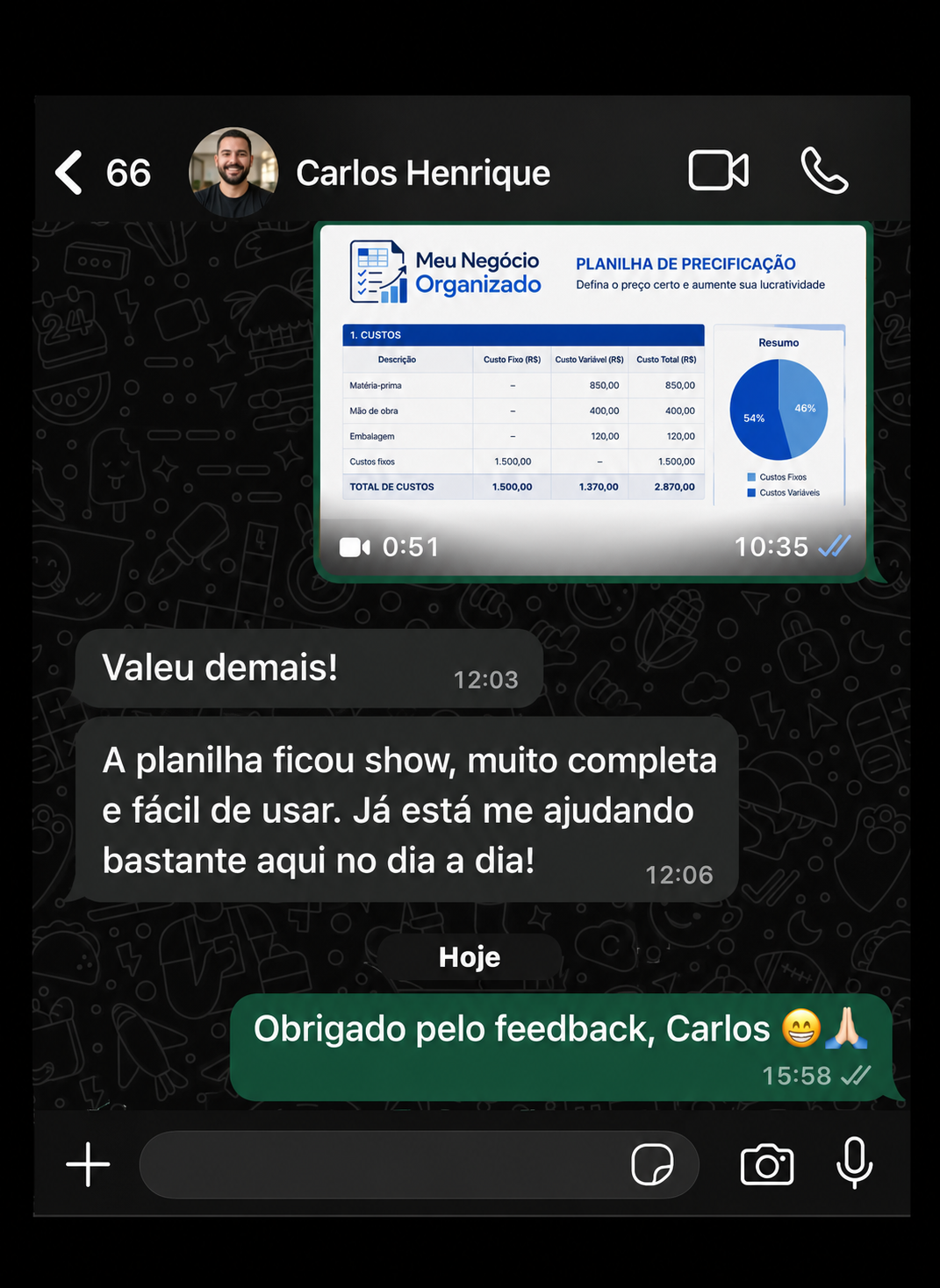 Depoimentos reais de clientes no Instagram sobre a planilha